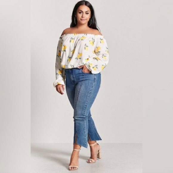Forever 21+ Lemon Print Off the Shoulder Crop Top - Picture 2 of 14